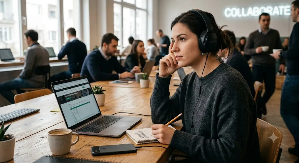 A focused female entrepreneur wearing over-ear headphones sits at a long wooden desk in a busy co-working space, looking thoughtfully at her laptop while holding a pencil over a notebook.