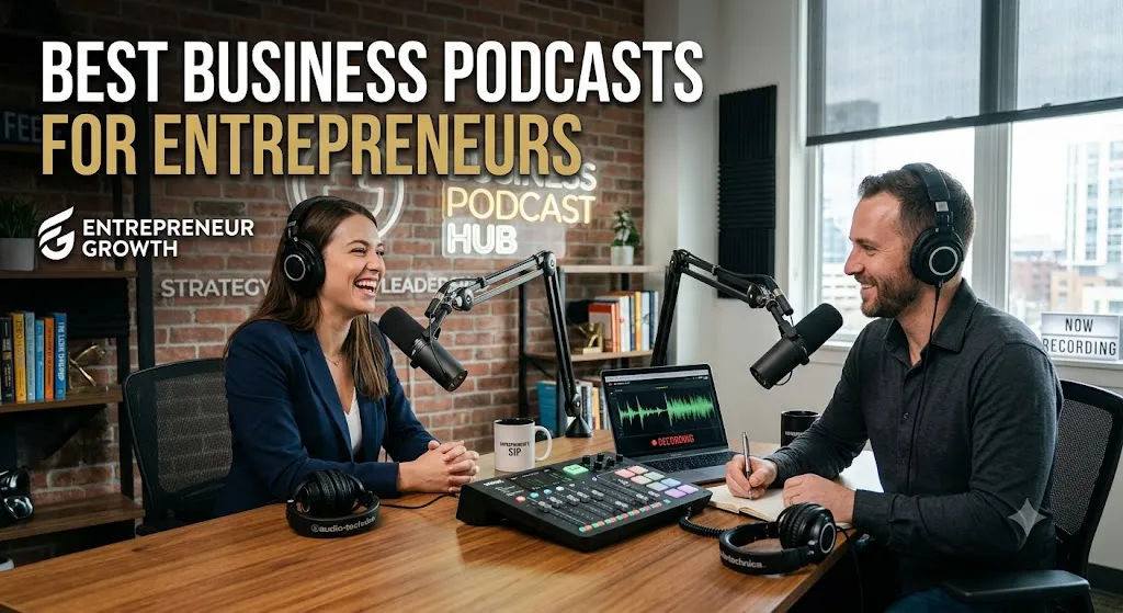 An image for a business article, titled "BEST BUSINESS PODCASTS FOR ENTREPRENEURS," features a smiling woman and a man interviewing each other in a podcast studio with professional microphones and equipment.