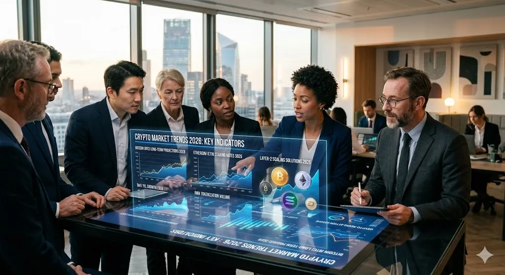A diverse group of corporate professionals and financial analysts gather around a large, futuristic touchscreen table in a modern city high-rise office. They are closely examining an interactive digital hologram display titled "Crypto Market Trends 2026: Key Indicators," which projects glowing data charts, graphs, and major cryptocurrency symbols (including Bitcoin, Ethereum, Solana, and Cardano). A woman in a blue blazer gestures toward a specific data visualization while a man in a grey suit and glasses takes notes on a digital tablet.