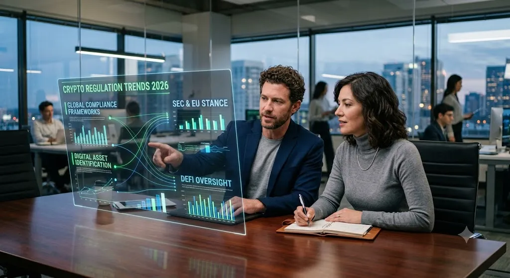 Two financial professionals, a man and a woman, analyzing a holographic data display on a wooden conference table in a modern office at dusk. The glowing blue interface displays charts and text highlighting "Crypto Regulation Trends 2026," "Global Compliance Frameworks," "SEC & EU Stance," and "DeFi Oversight." The background shows an open-plan office with other colleagues and large windows overlooking a city skyline.