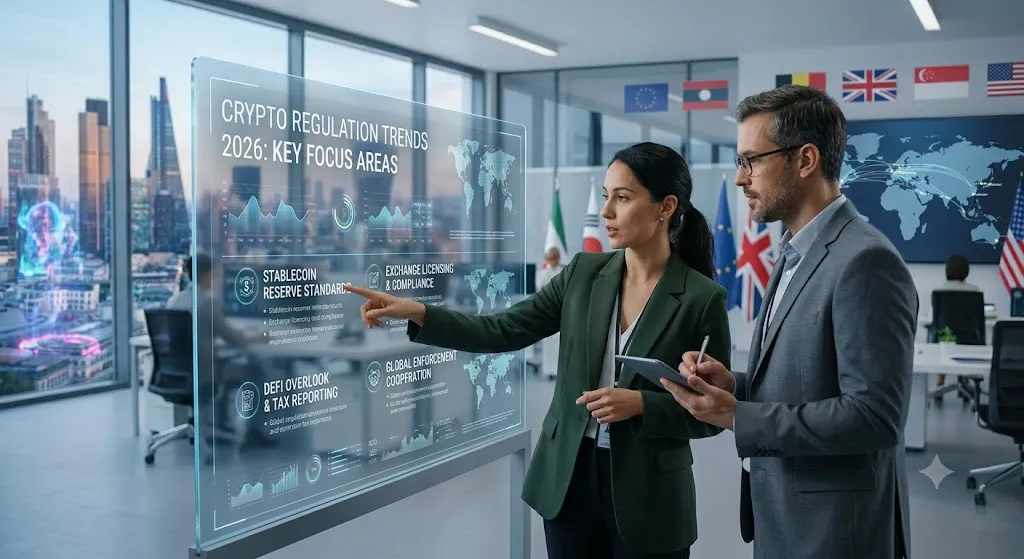 Two financial compliance analysts in a high-tech global office reviewing an interactive transparent glass screen displaying "Crypto Regulation Trends 2026," with sections covering stablecoins, DeFi tax reporting, exchange licensing, and privacy tool restrictions.