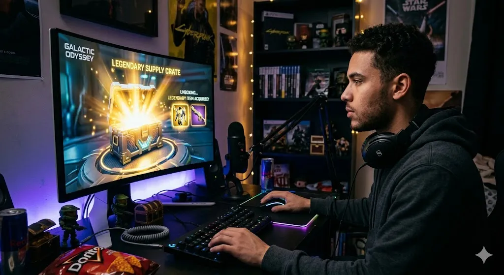 A young man with headphones sits at a desk looking at a curved monitor displaying an in-game "Legendary Supply Crate" opening with a bright golden glow.