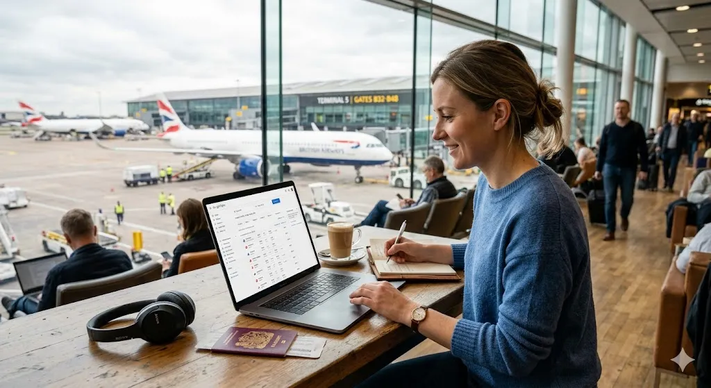 Google Flights booking on laptop at airport