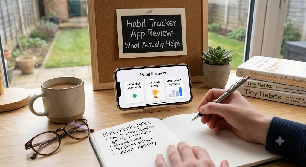 A student takes notes on 'Habit Tracker App Review' with self-help books and a corkboard titled 'WHAT ACTUALLY HELPS:' nearby.