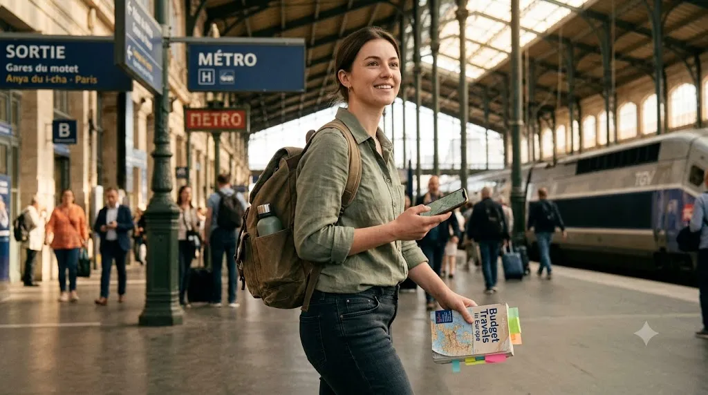 A smiling female traveler with a backpack stands on a busy European train platform next to a Metro sign, holding a smartphone with a map app in one hand and a book titled "Budget Travels" with sticky note tabs in the other.