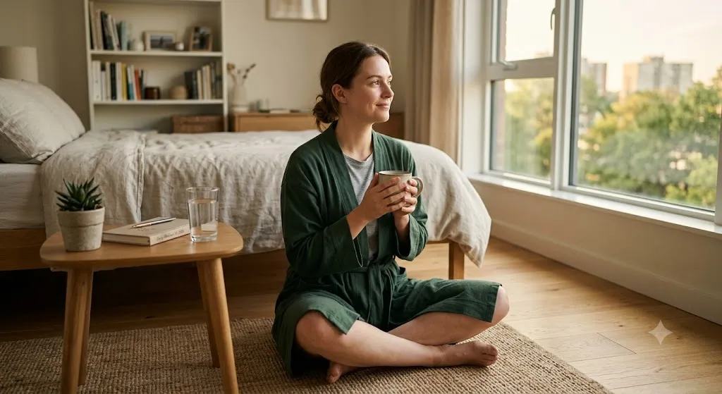 A candid photograph of a woman sitting peacefully on the floor in her sunlit bedroom, holding a warm mug. She is meditating and looking out the window, surrounded by a calm environment with a notebook, plants, and a water glass on a small wooden table. This image illustrates the practice of starting the day with intention to improve daily mindset.