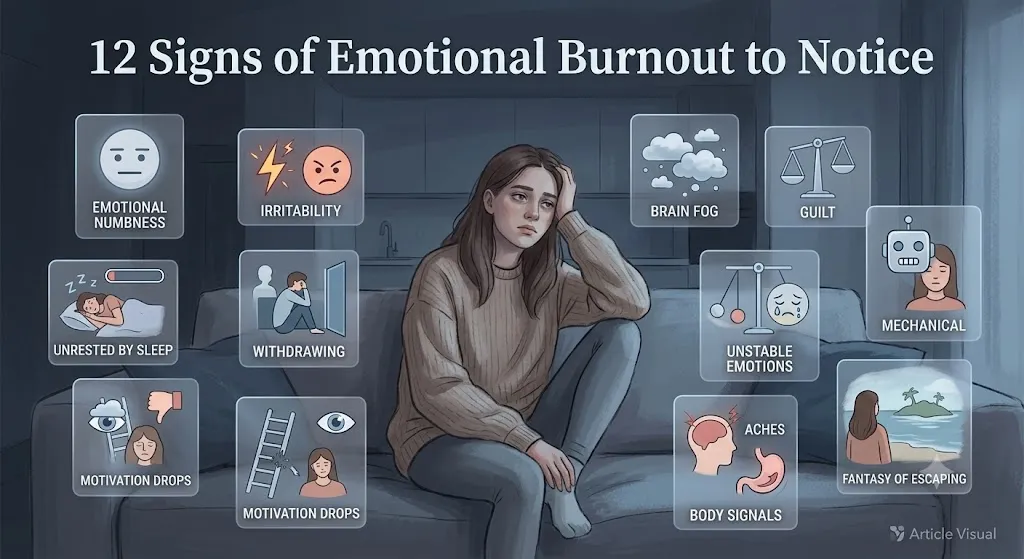An illustration titled '12 Signs of Emotional Burnout to Notice' showing a woman with dark hair in a beige sweater and jeans sitting slumped on a dark gray couch, looking exhausted. The room is dimly lit, suggesting fatigue. Surrounding her are glowing translucent boxes containing icons that depict individual symptoms of burnout.