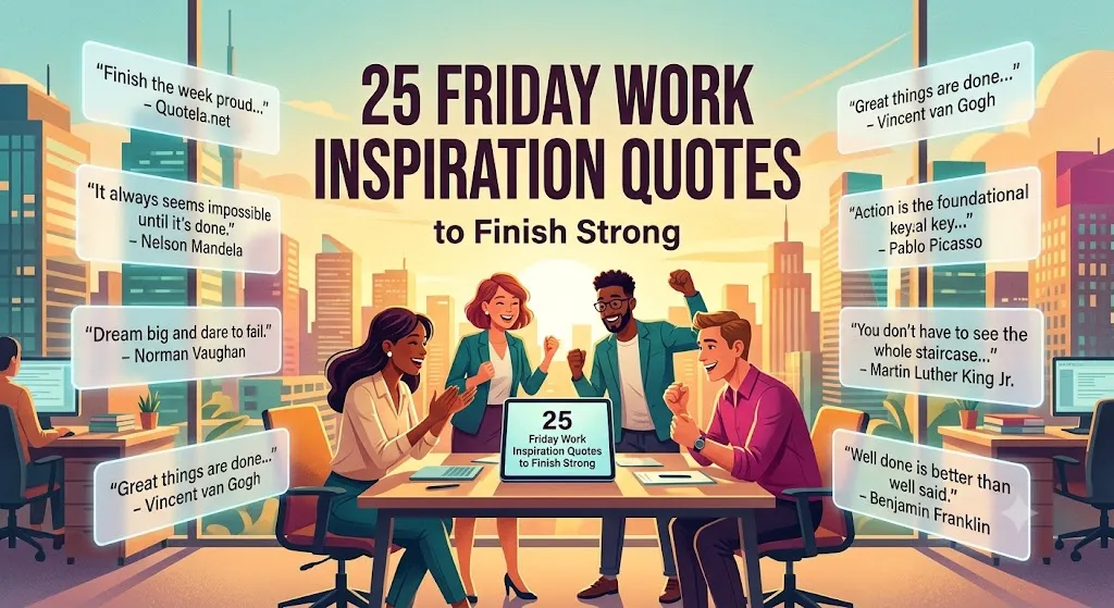 An inspiring editorial illustration of a diverse office team of four colleagues celebrating a successful week around a conference table during a warm Friday sunset. At the top center, bold text reads "25 FRIDAY WORK INSPIRATION QUOTES to Finish Strong." Floating on both sides of the cheering team are glowing, semi-transparent white speech bubble panels containing motivational quotes from figures like Nelson Mandela, Vincent van Gogh, and Martin Luther King Jr. The background features a large window overlooking a golden city skyline, capturing a collaborative and triumphant end-of-week energy.