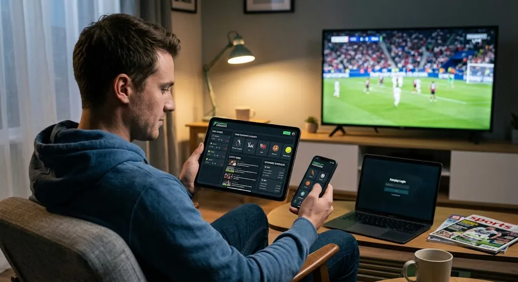 A sports fan sitting on a sofa in a cozy living room, holding a tablet and smartphone displaying an all-in-one sports tracking dashboard with live scores, stats, and schedules, while a live football match plays on the TV in the background.