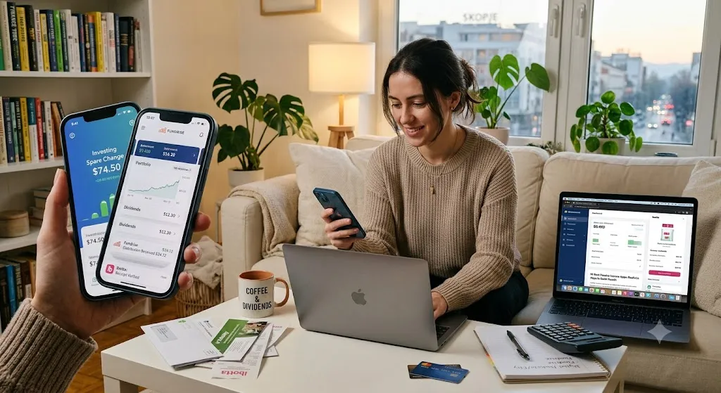A woman managing her finances on a laptop and smartphone, surrounded by passive income and investing app interfaces displayed on mobile screens.