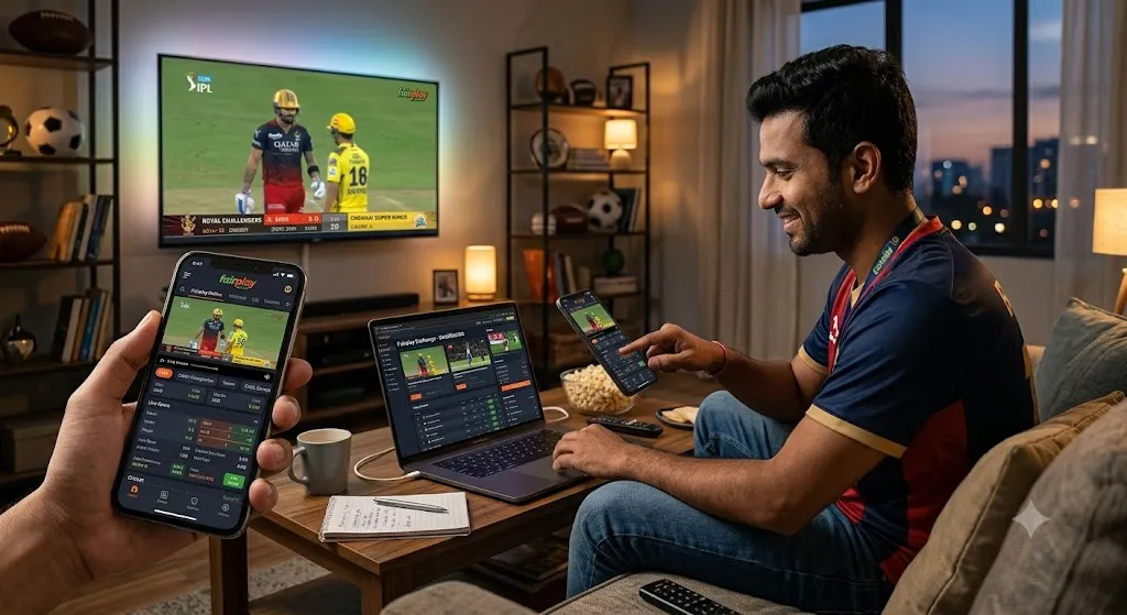 A cricket fan in a RCB jersey watches IPL on TV while using the Fairplay sports betting app on a smartphone and a laptop dashboard for live scores and stats, illustrating the all-in-one sports hub experience.