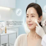 A medical professional in white gloves performs a skin injection on a woman's cheek. Icons representing hydration, DNA, and skin protection float in the background. A product box and ampoule are visible on a trolley.