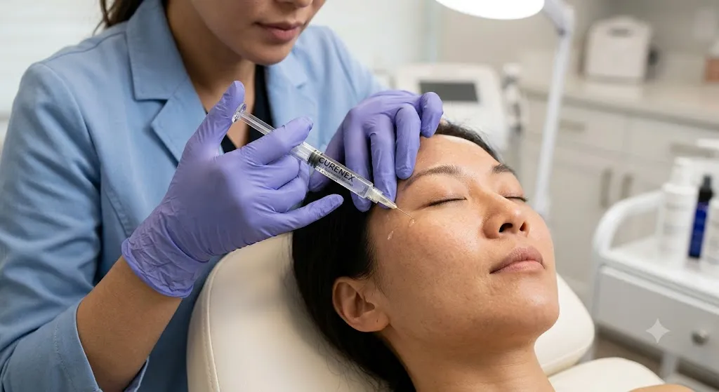 A realistic photograph captures a clinical setting where a female patient rests comfortably with her eyes closed during an anti-aging skin treatment. A professional practitioner wearing a light blue medical uniform and purple nitrile gloves is precisely administering a facial injection near the patient's cheekbone. The clear syringe is labeled with the product name 'CURENEX'. The background shows a clean, modern aesthetic clinic room equipped with medical lighting and skincare products on a cart, emphasizing a sterile and expert environment.