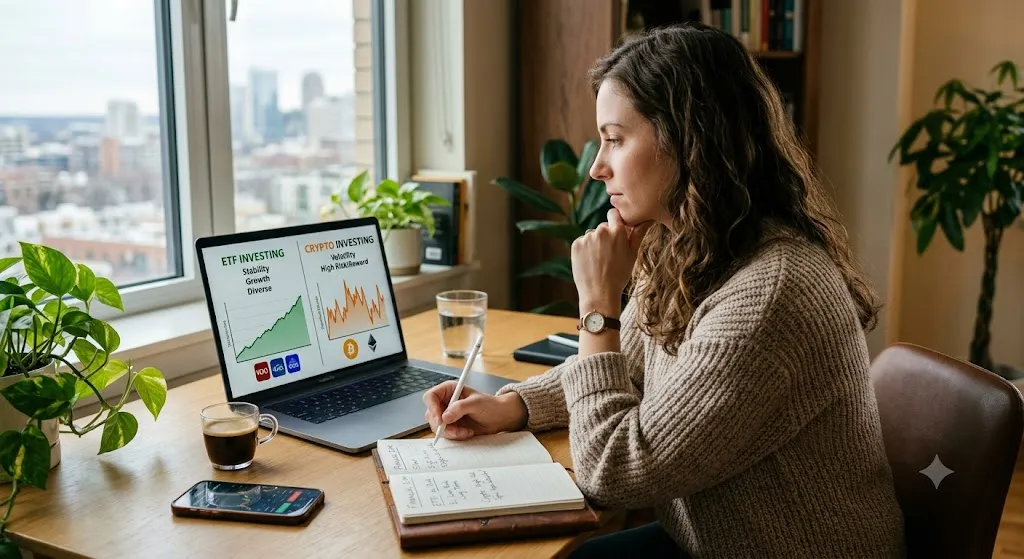A person sitting at a desk studying a laptop screen showing a split comparison chart between steady ETF growth and volatile crypto market trends while taking notes in a planner.