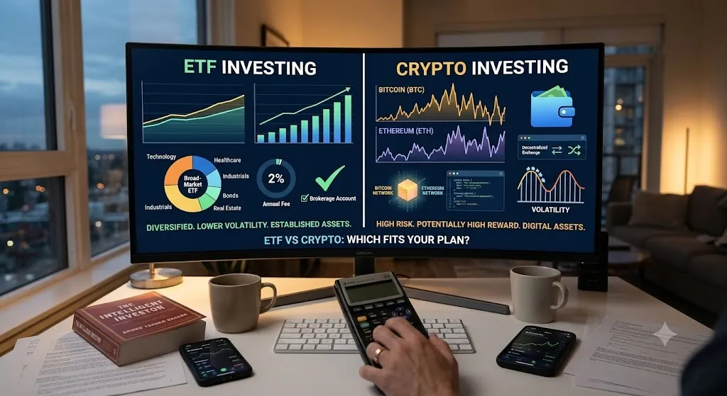 A wide, curved monitor in a home office at night displays a side-by-side comparison titled "ETF VS CRYPTO: WHICH FITS YOUR PLAN?". On the left, "ETF INVESTING" shows graphs with steady growth, a broad-market pie chart, and labels highlighting lower volatility. On the right, "CRYPTO INVESTING" features volatile price graphs for Bitcoin and Ethereum, a roller coaster icon, and highlights high risk. A person in the foreground uses a financial calculator next to the book "The Intelligent Investor," two smartphones, and coffee mugs.
