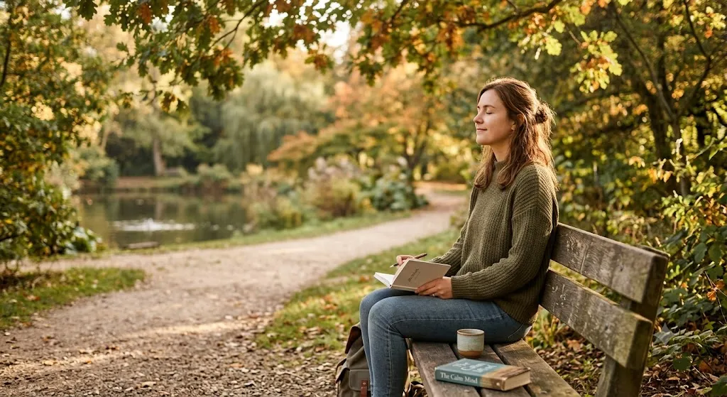A serene young woman sitting on a weathered wooden park bench next to a calm pond during autumn, practicing mindfulness to reduce anxiety. Her eyes are closed, a peaceful expression is on her face, and she holds an open journal in her lap. Warm, golden sunlight filters through the green and orange leaves of a large overhanging tree. A book titled "The Calm Mind" and a ceramic mug sit on the bench beside her, embodying a sense of mental clarity and emotional peace.