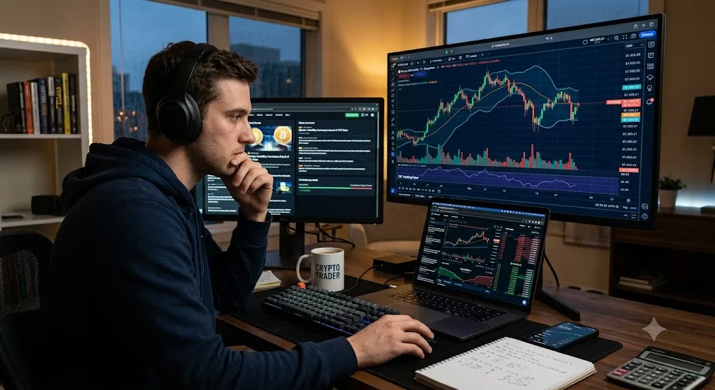 A focused day trader sitting at a dark wood desk analyzing real-time cryptocurrency candlestick charts and order books on multiple monitors.