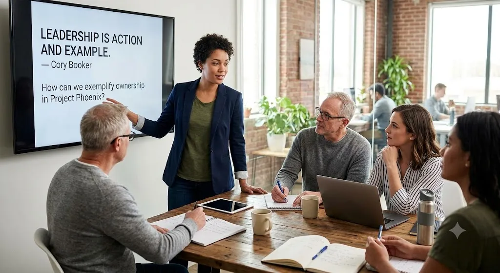 A diverse team of five colleagues in a modern office meeting, discussing a presentation on a large monitor. The screen displays the quote: 'LEADERSHIP IS ACTION AND EXAMPLE. — Cory Booker' and the question: 'How can we exemplify ownership in Project Phoenix?' The presenter, a Black woman, stands and gestures to the screen, while four others sit and listen intently around a wooden table with laptops and notebooks.