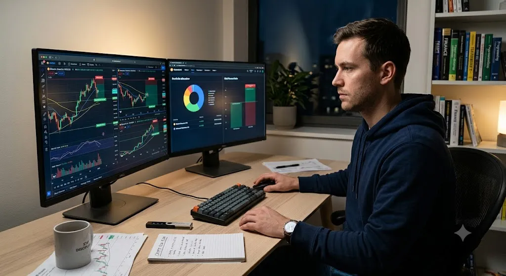 A side profile photograph of a man in a navy blue hoodie sitting at a desk at night, intensely focused on two large computer monitors displaying real-time cryptocurrency price charts, data analysis, and portfolio metrics.