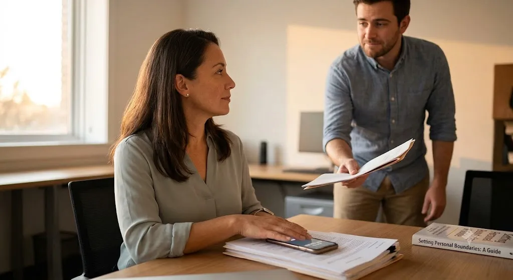 A woman sits at a desk, looking confidently at a male coworker who is handing her a document. She holds a smartphone face-down on a stack of papers, subtly indicating her focus on a prior task and reinforcing her setting a professional boundary. The scene represents a moment of clear communication about workplace priorities.