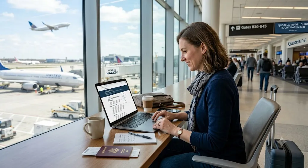 A woman sits smiling at a long wooden desk inside a brightly lit airport terminal, typing on her laptop while reading a travel blog article titled "A Guide to Flight Booking Hacks That Save Money." Outside the large floor-to-ceiling windows, an airplane takes off into a blue sky, and another commercial jet is parked on the tarmac. A passport, boarding pass, notebook, and coffee cup rest next to her laptop.