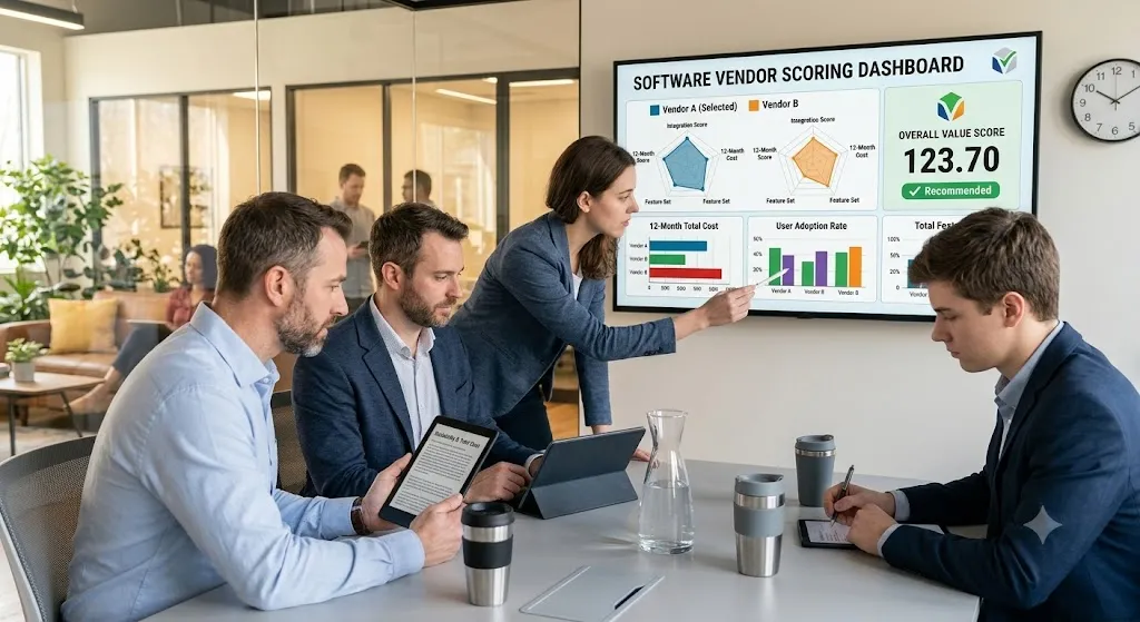 A business team works in a modern, open-plan office. A woman in a navy blazer leans in and points with a stylus at a bar chart on a large wall-mounted monitor displaying a "SOFTWARE VENDOR SCORING DASHBOARD." The dashboard shows a detailed comparison of "Vendor A (Selected)" and "Vendor B," including radar charts, bar graphs for "12-Month Total Cost," "User Adoption Rate," and a large "OVERALL VALUE SCORE" of 123.70 with a green "✔ Recommended" badge. A man seated on the left holds an e-reader (e-ink tablet) titled "Integration & Tech Stack Review." Another man sits in the foreground, writing notes in a tablet. They are all gathered around a white conference table with coffee cups, water, and tablets.