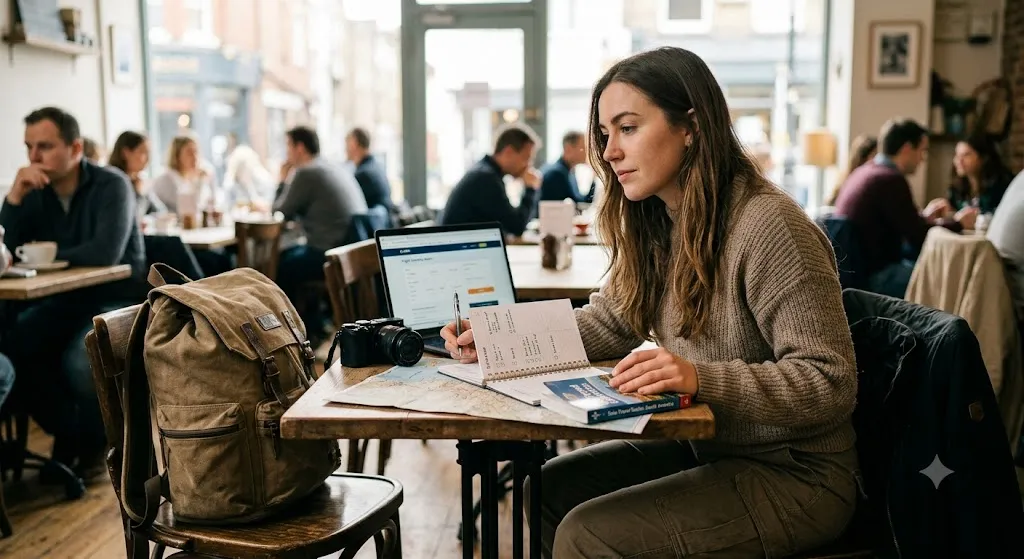 A woman planning a solo trip with a laptop, notebook, map, and camera at a cozy café table.