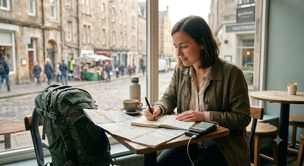 A young woman in a green jacket sits by a cafe window, planning a trip on a physical map and notebook. An Osprey backpack sits next to her.