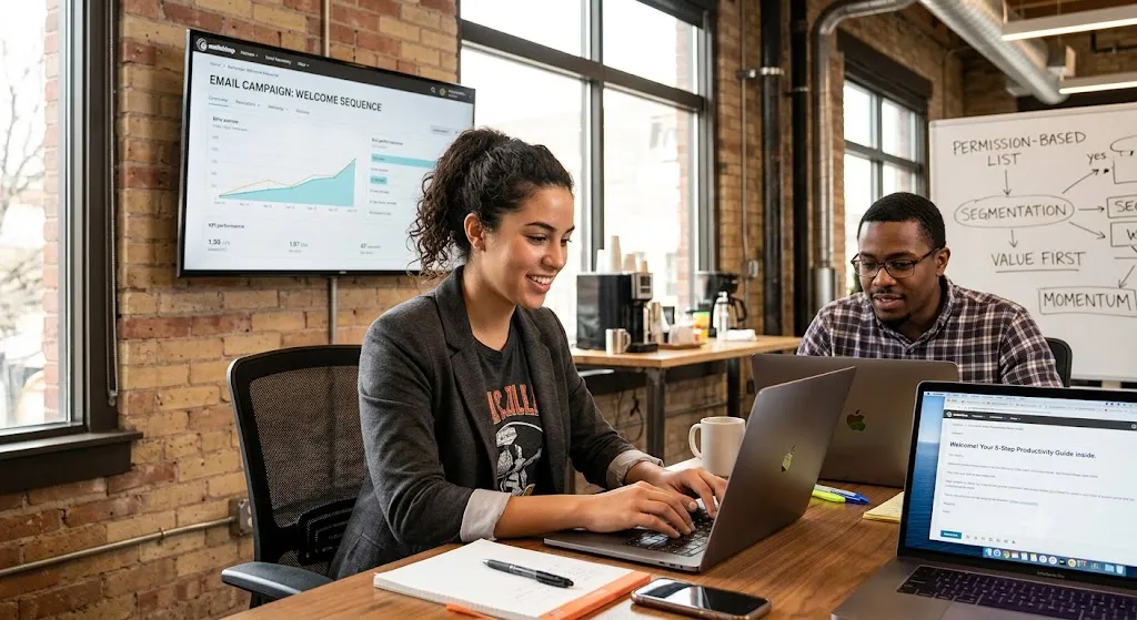 Two young startup founders working on an email marketing campaign inside a modern loft office with brick walls. A woman in the foreground smiles while typing on her laptop, which displays a draft of a welcome email. In the background, a man works on his laptop next to a whiteboard outlining strategy terms like "Permission-Based List" and "Segmentation." A large wall monitor displays an upward-trending chart titled "Email Campaign: Welcome Sequence," symbolizing business momentum.
