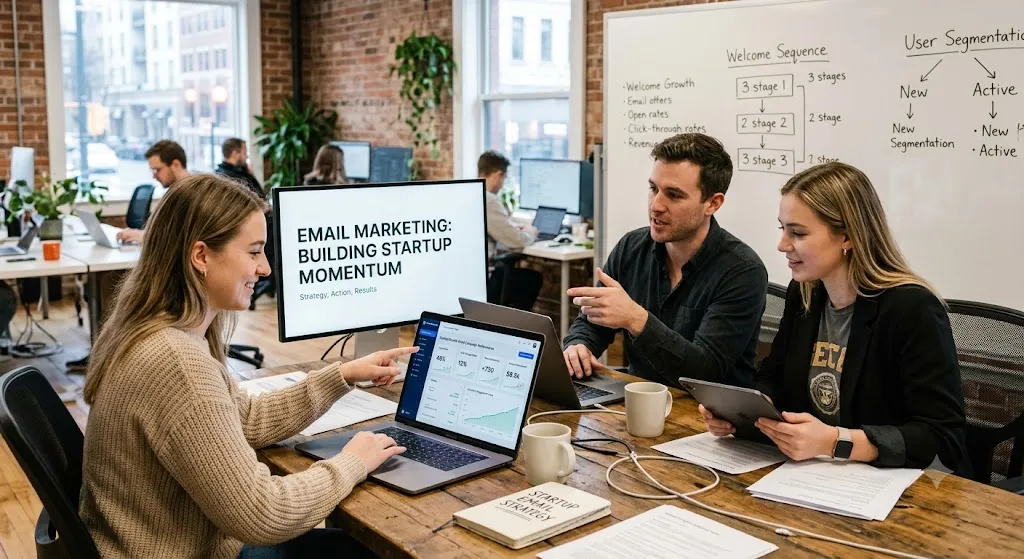 A dynamic, realistic photo of a small startup team collaborating on an email marketing campaign inside a bright, modern, open-concept brick office. In the foreground, three team members sit around a rustic wooden table: a woman points smilingly at a laptop showing a growth analytics dashboard, a man gestures actively while explaining a strategy, and another woman reviews notes on a digital tablet. In the background, a large computer monitor displays the text "EMAIL MARKETING: BUILDING STARTUP MOMENTUM," while a whiteboard behind them details diagrams for a "Welcome Sequence" and "User Segmentation."