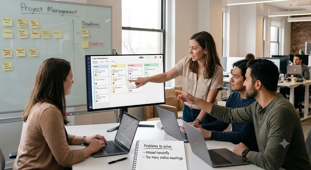 A photograph of four diverse colleagues working together around a large computer monitor in a modern office. The woman in the center is pointing at a project management Kanban board displayed on the screen while discussing workflow dependencies. Two men and another woman with laptops are observing the presentation. In the foreground, an open notebook reads, 'Problems to solve: - Missed handoffs, - Too many status meetings.' In the background, a large whiteboard is covered in 'Project Management' notes and sticky labels.