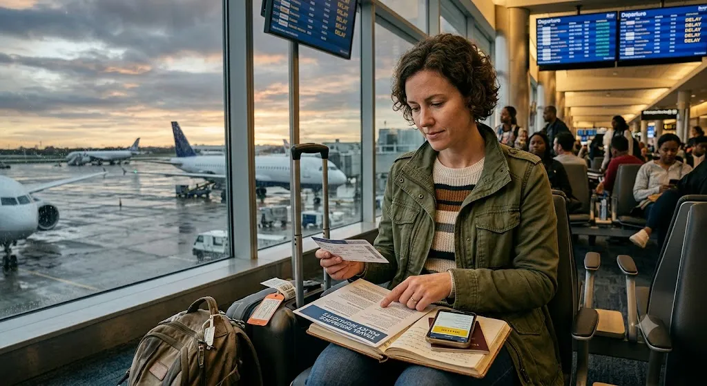 A traveler sitting in a busy airport terminal reviewing her travel insurance policy document during a flight delay.
