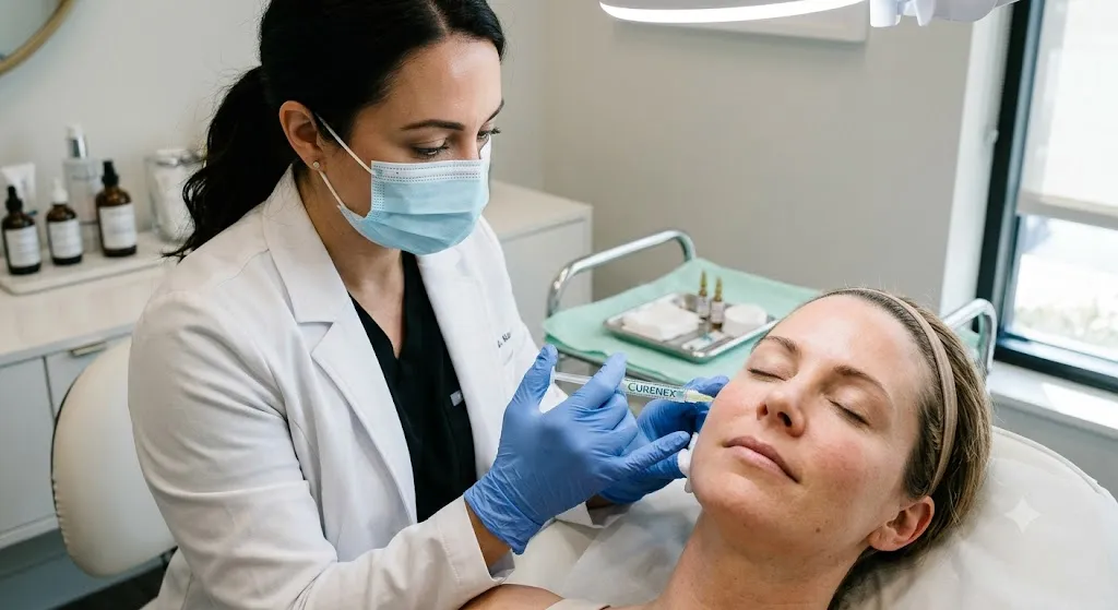 A professional dermatologist in a white coat, face mask, and blue medical gloves performs a Curenex skin rejuvenation injection on a female patient's cheek in a clean, modern aesthetic clinic setting.