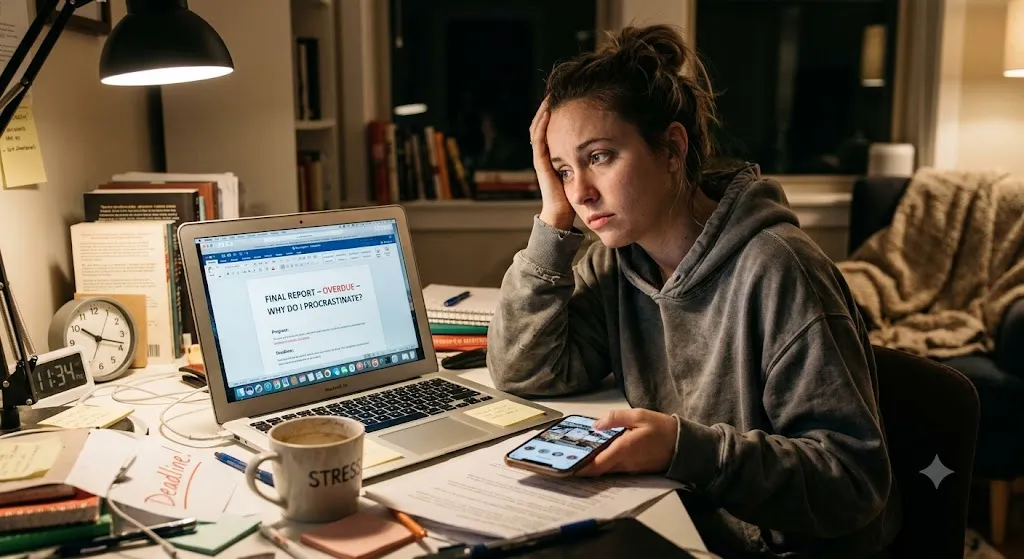 A stressed young woman sits at a cluttered desk late at night, resting her head in her hand with an anxious expression. In front of her, a laptop displays a document titled "Final Report - Overdue," while she holds a smartphone showing a social media feed. Her desk is covered in papers, sticky notes, a coffee mug that reads "STRESS," and a clock showing 11:34 PM, capturing the pressure of procrastination.