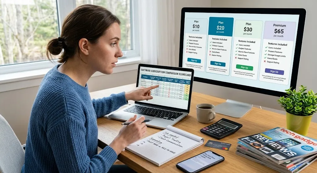 A woman in a blue sweater sits at a desk and points at a laptop screen titled 'SOFTWARE SUBSCRIPTION COMPARISON SCORECARD.' To the right, a large monitor displays four 'Sign Up' plan options: '$10/month,' '$20/month,' '$30/month,' and 'Premium $65/month' with feature checklists. In the foreground are a calculator, a coffee cup, and a stack of 'tech gadget REVIEWS' magazines.