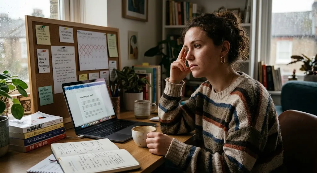 A woman sits at a desk with a pensive expression, her hand to her head, in front of a laptop displaying an open document and surrounded by books, a corkboard with notes, and a coffee mug, suggesting a moment of procrastination or internal struggle with work.