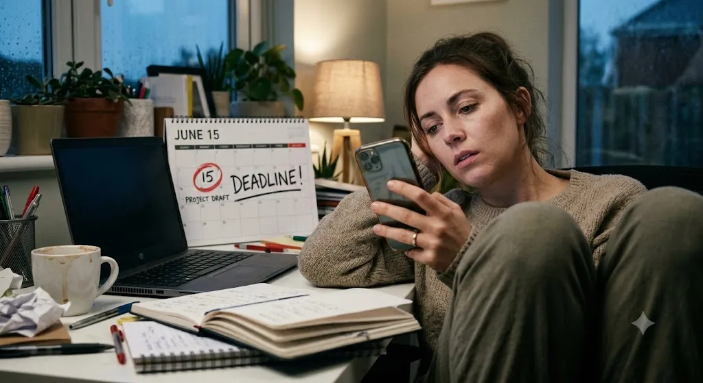 A woman in a cozy sweater leans back at a messy desk, scrolling on her smartphone with a distracted expression, while an open laptop and a desk calendar with "JUNE 15 DEADLINE!" circled in red sit in front of her.