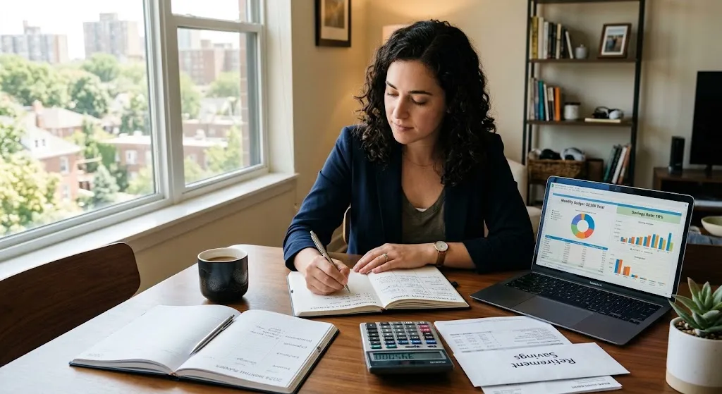 A woman sitting at a sunlit wooden desk reviewing her personal finances using a laptop with charts, a notebook, and a calculator.