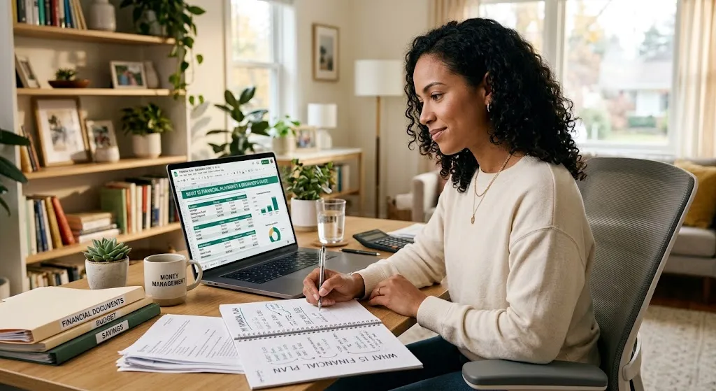 A young woman sitting at a sunlit desk in a cozy home office, reviewing budget spreadsheets on a laptop and taking notes in a notebook for a beginner's guide to financial planning.