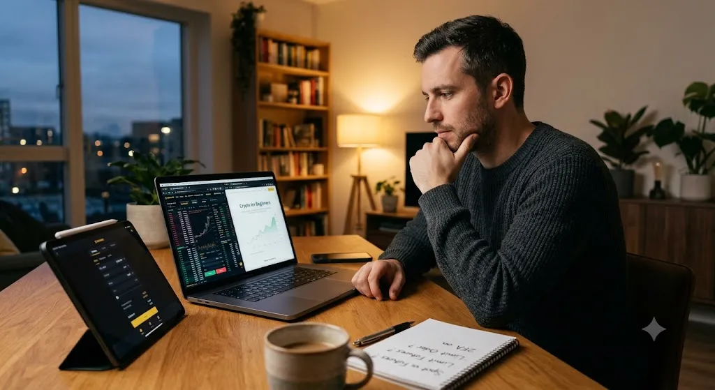 A thoughtful man Alex sits at a wooden desk at night with a laptop displaying the Binance interface and a chart alongside an open notebook containing handwritten notes and a coffee cup, researching cryptocurrency.