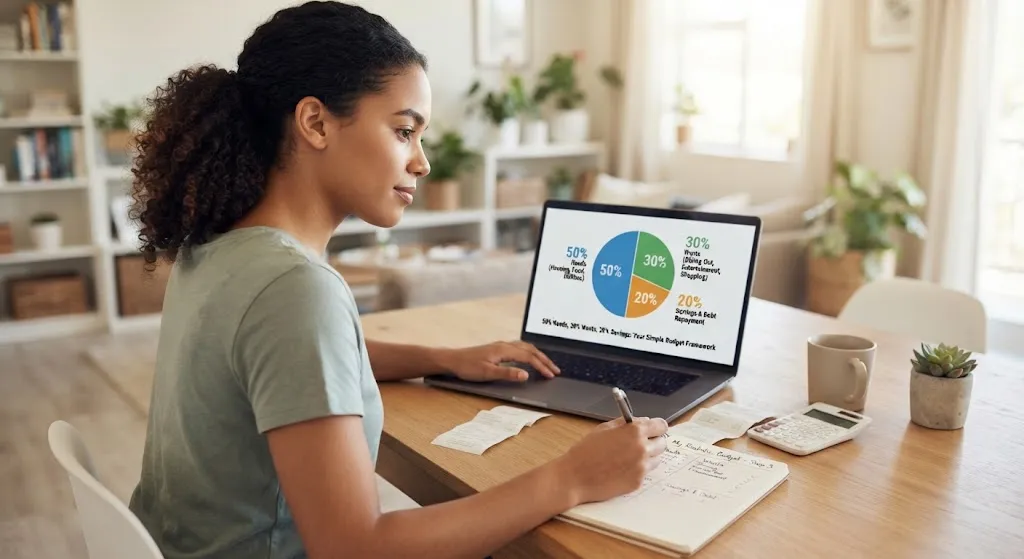 A woman working at a wooden table at home, viewing a 50/30/20 budget pie chart on her laptop screen while taking notes in a notebook next to receipts and a calculator.
