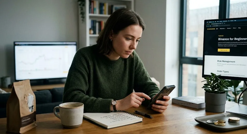 A woman sitting at a desk with a laptop and tablet displaying the Binance app interface alongside cryptocurrency research, looking directly at the camera with a notebook and coffee on her desk.