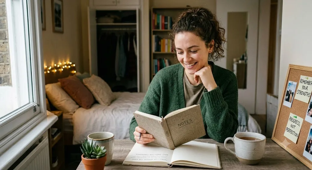 A woman smiling gently while reading a journal at a sunlit wooden desk, surrounded by a warm mug, a small plant, and a vision board with encouraging notes.