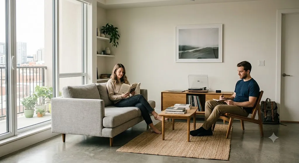 A brightly lit, uncluttered apartment living room featuring a couple relaxed in thoughtful activities. A woman reads a book on a light gray sofa, while a man writes in a notebook across from her near a wooden side table with a record player.