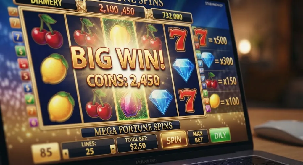 Close-up photograph of a laptop screen displaying an online slot machine game called "MEGA FORTUNE SPINS." The reels show a winning combination of cherries, lemons, and diamonds, with a large gold overlay reading "BIG WIN! COINS: 2,450." The paytable is visible on the right, and the betting controls are at the bottom.