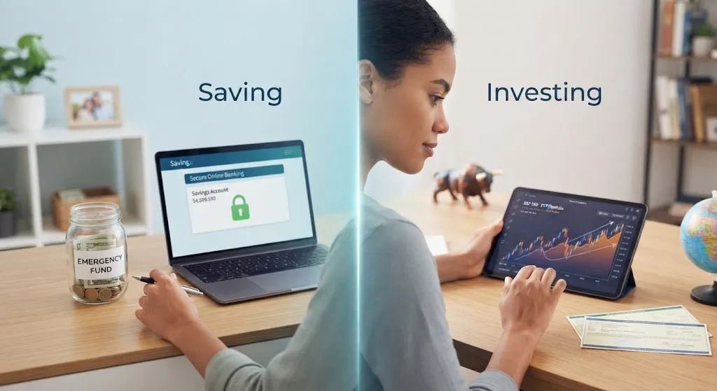 A split-screen image showing a woman at a desk, comparing the concepts of Saving and Investing. The left "Saving" side features a laptop with a bank balance and an emergency fund jar, while the right "Investing" side shows a tablet with stock market charts and a globe.