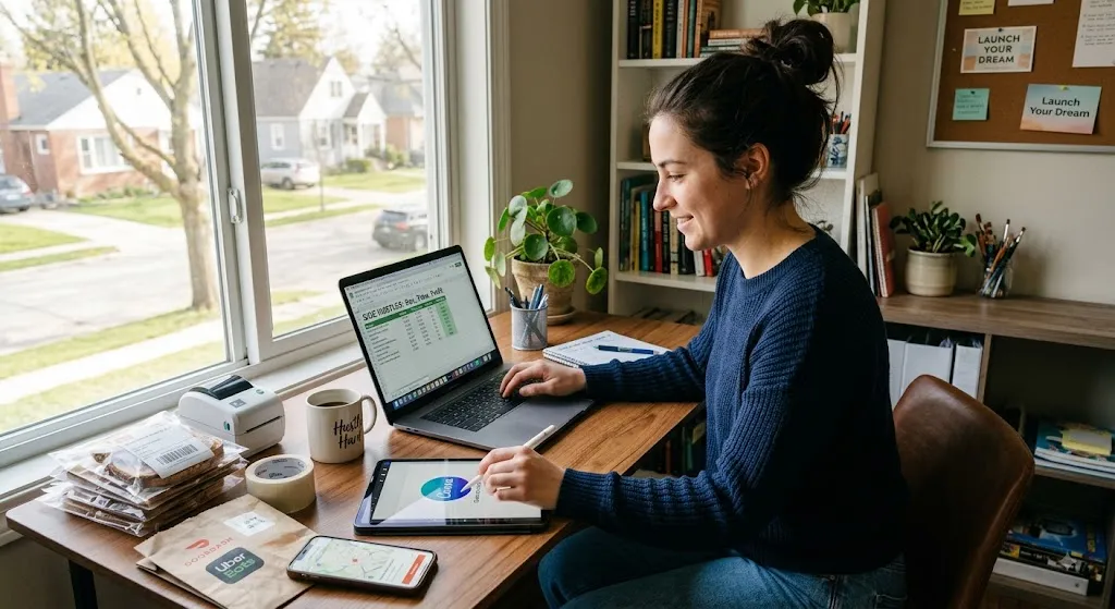 A young woman with dark hair in a bun, wearing a blue knitted sweater and jeans, is sitting at a wooden desk in a well-lit home office, working on multiple side hustles. She's looking at a laptop with a spreadsheet titled 'SIDE HUSTLES: Revenue, Time, Profit'. At the same time, she's using an Apple Pencil to design on a tablet which has a circular canvas on the screen. The desk is organized with side hustle tools including a thermal printer, a stack of packaged cookies with labels, rolls of tape, a mug that reads 'Hustle Hard', and delivery bags for DoorDash and Uber Eats. Next to the delivery bags is a smartphone displaying a map, likely a delivery app. A large window with a view of a suburban neighborhood provides natural light. A bookshelf with various books and plants, as well as a corkboard with motivational notes like 'Launch Your Dream' and 'Side Hustle Tips' and paint supplies, fill the background. She is smiling and focused on her work.