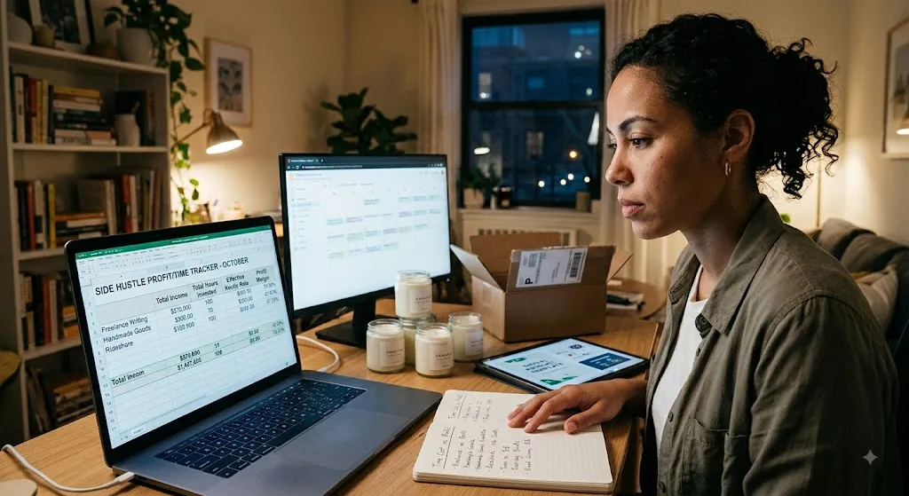 A woman sits at a wooden desk at night, illuminated by a warm lamp and computer screens. She is looking at a laptop which displays a detailed spreadsheet titled "SIDE HUSTLE PROFIT/TIME TRACKER - OCTOBER," with rows for 'Freelance Writing,' 'Handmade Goods,' and 'Rideshare' and columns for 'Income' and 'Hours.' On the desk are three handmade candles and a tablet with design graphics. She has a pen in her hand over a notebook with handwritten lists. The background is a cozy, cluttered room with bookshelves, plants, and a window with city lights.