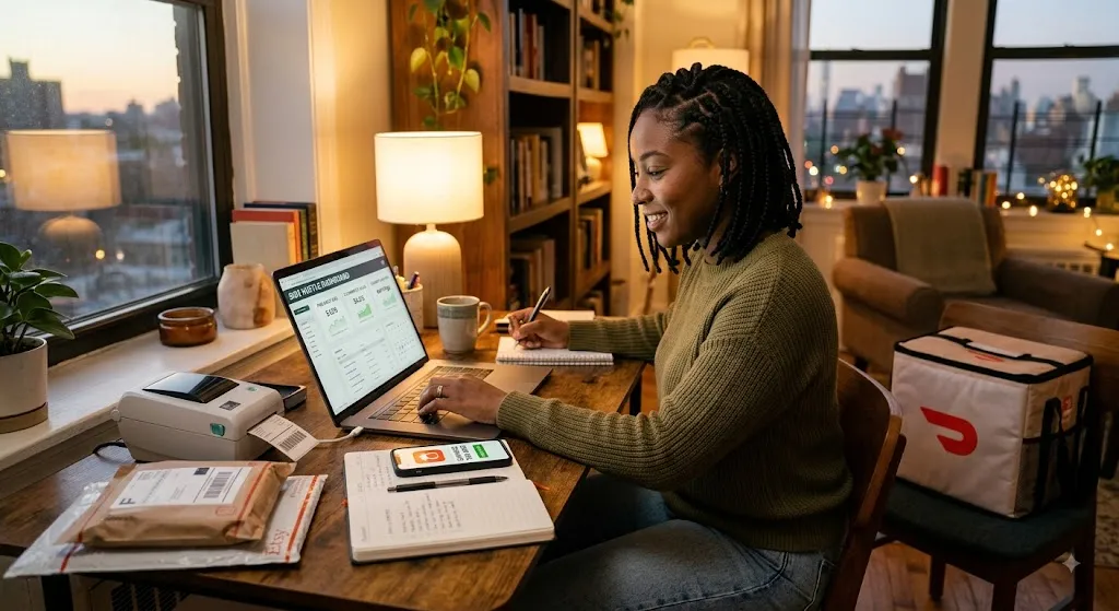 A woman sitting at a cozy home office desk during evening sunset, working on a laptop displaying a side hustle analytics dashboard, with shipping packages, a thermal label printer, and a delivery bag nearby.