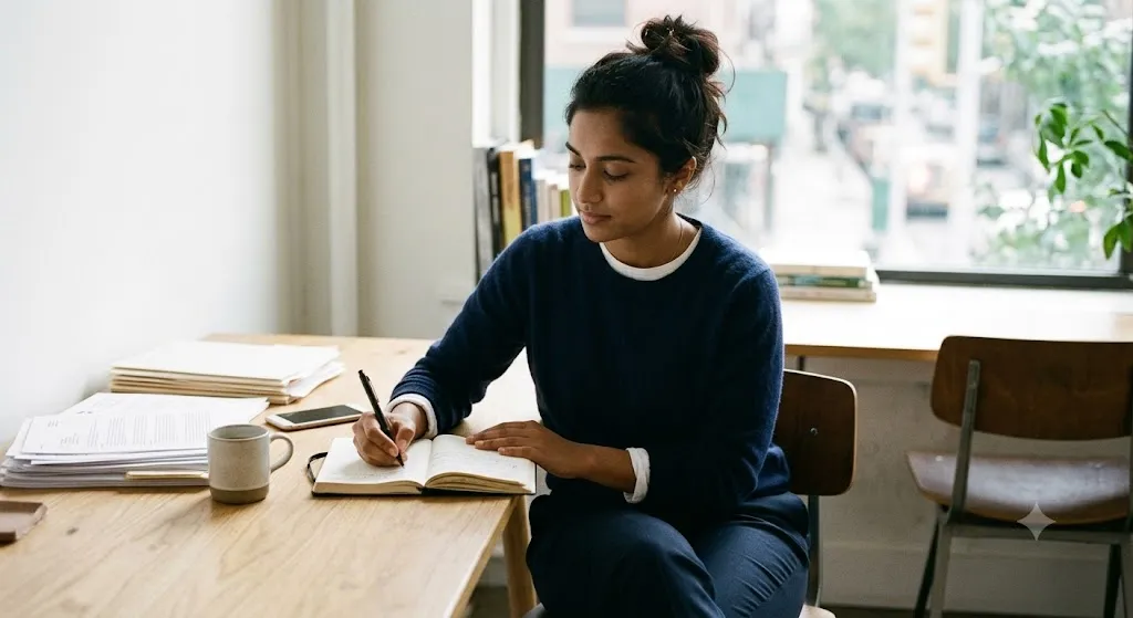 Young woman sitting at a tidy desk with a cup of coffee, thoughtfully writing in a journal to record daily progress and build self-trust.